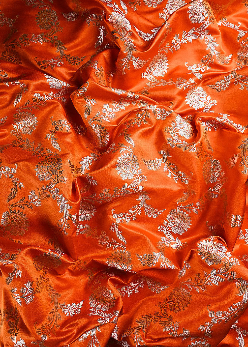 Orange Banarasi Brocade Fabric With All Over Thread And Zari Handloom 24437