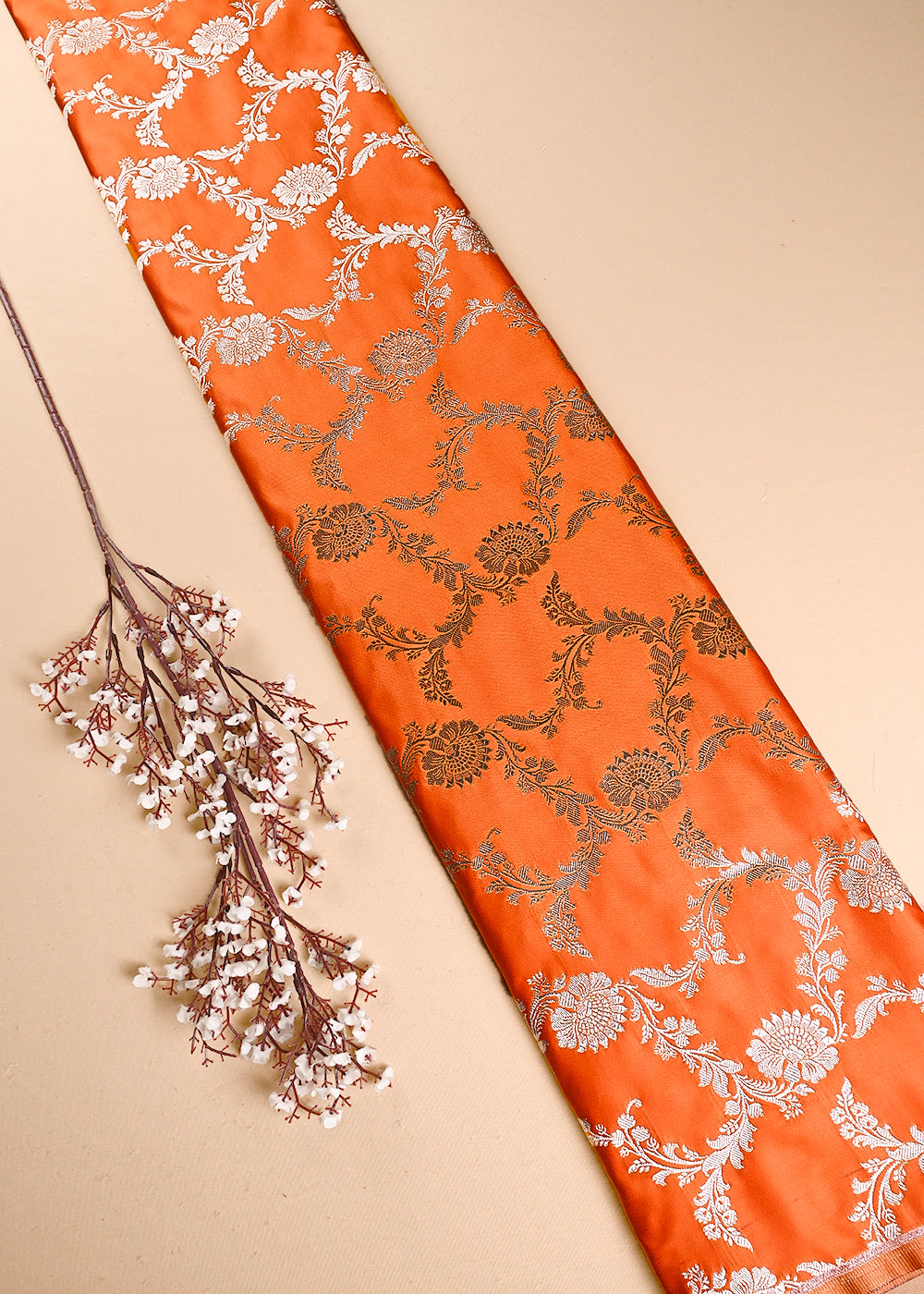 Orange Banarasi Brocade Fabric With All Over Thread And Zari Handloom 24437