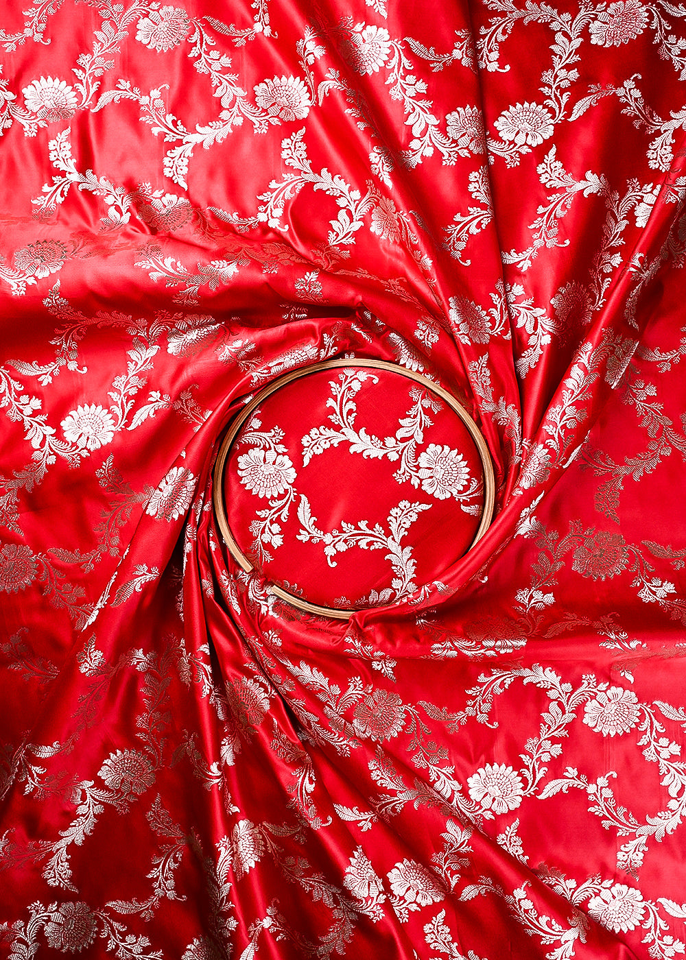 Red Banarasi Brocade Fabric With All Over Thread And Zari Handloom 24440