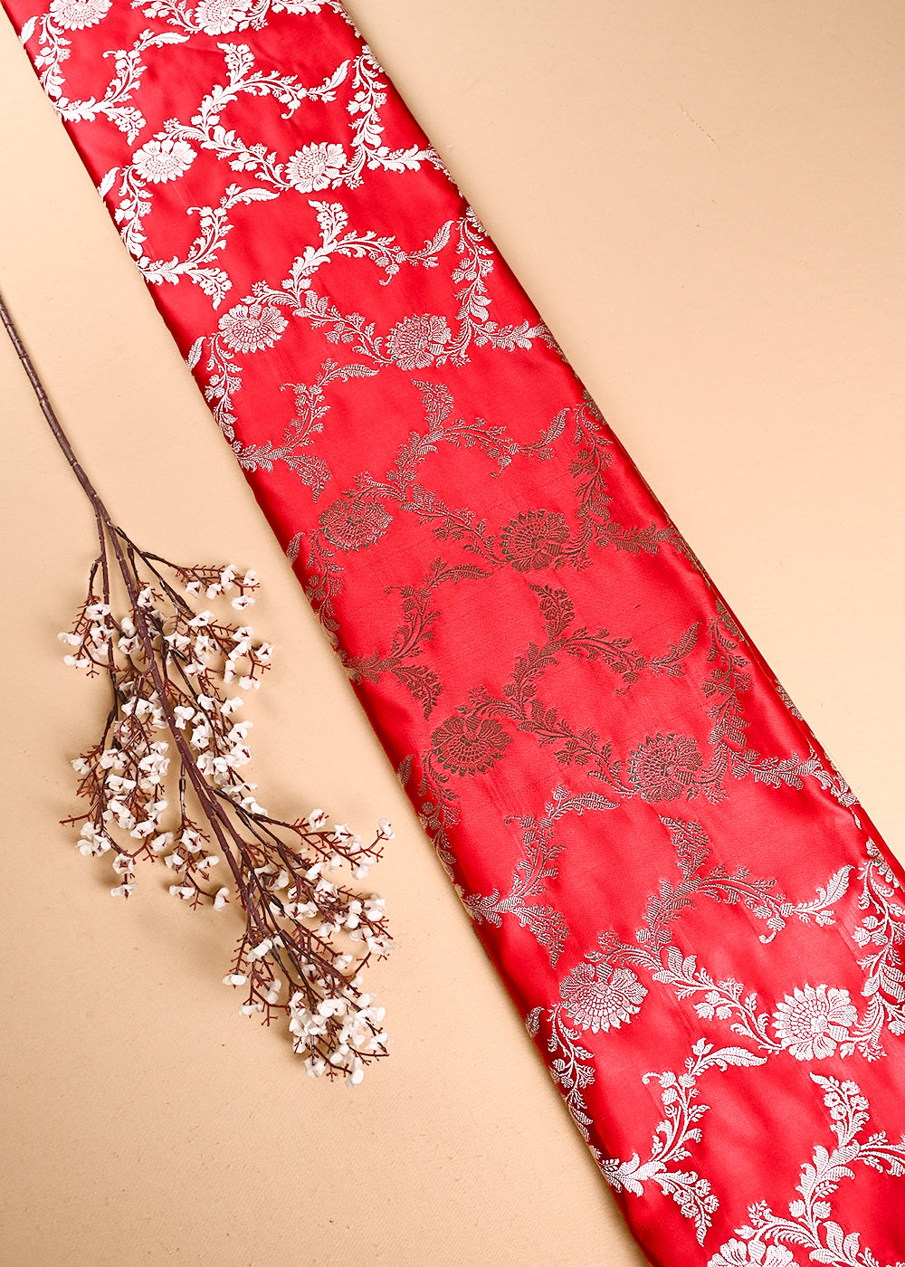 Red Banarasi Brocade Fabric With All Over Thread And Zari Handloom 24440