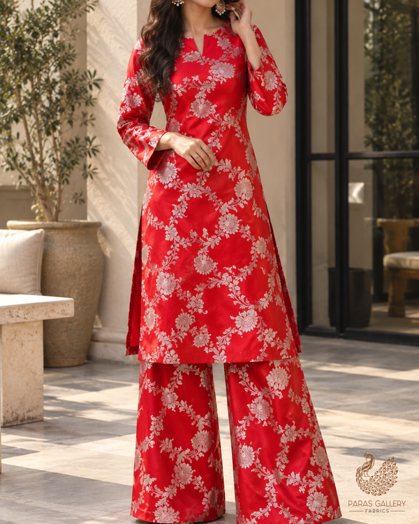 Red Banarasi Brocade Fabric With All Over Thread And Zari Handloom 24440