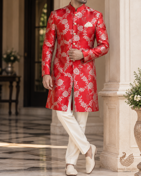 Red Banarasi Brocade Fabric With All Over Thread And Zari Handloom 24440