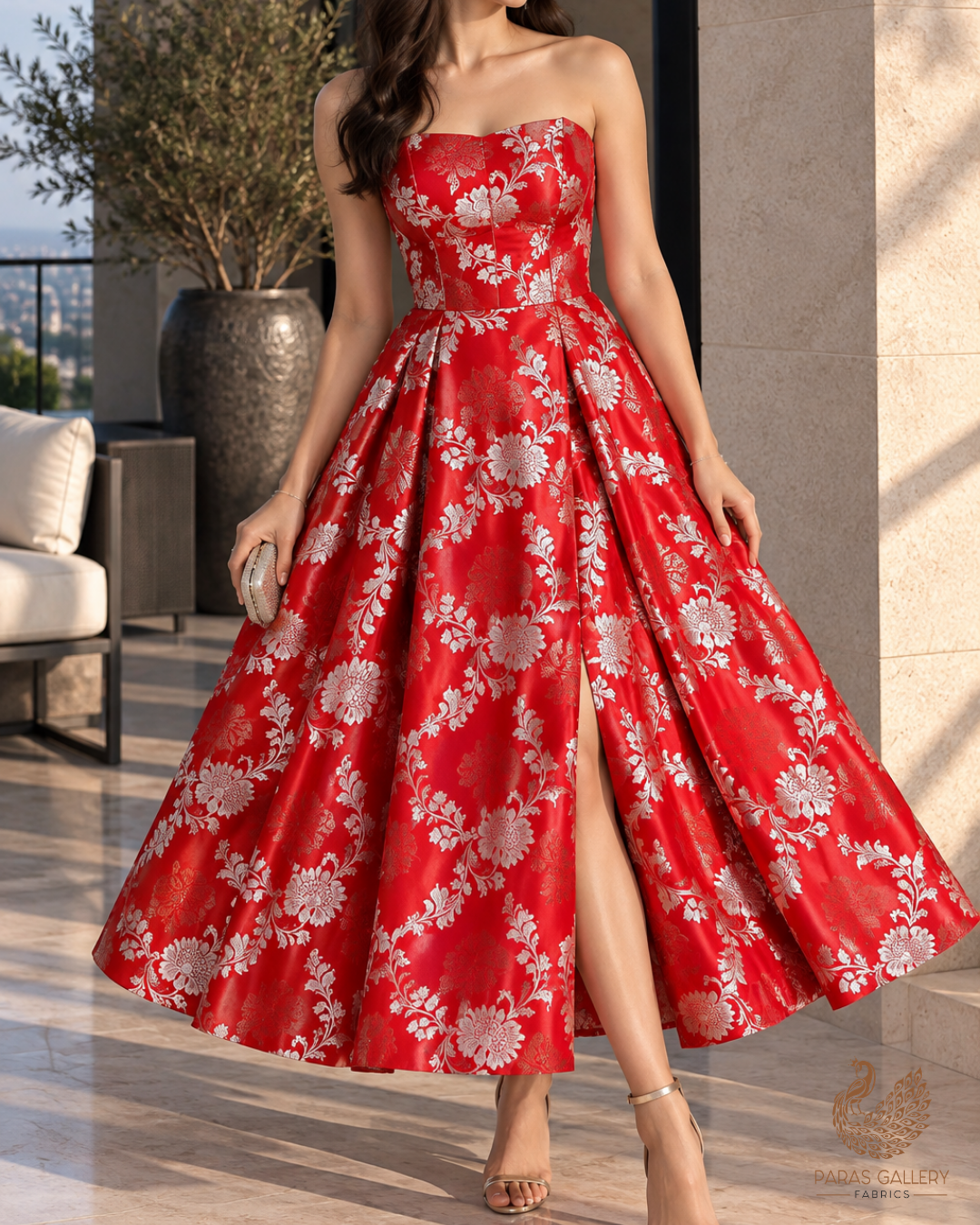 Red Banarasi Brocade Fabric With All Over Thread And Zari Handloom 24440