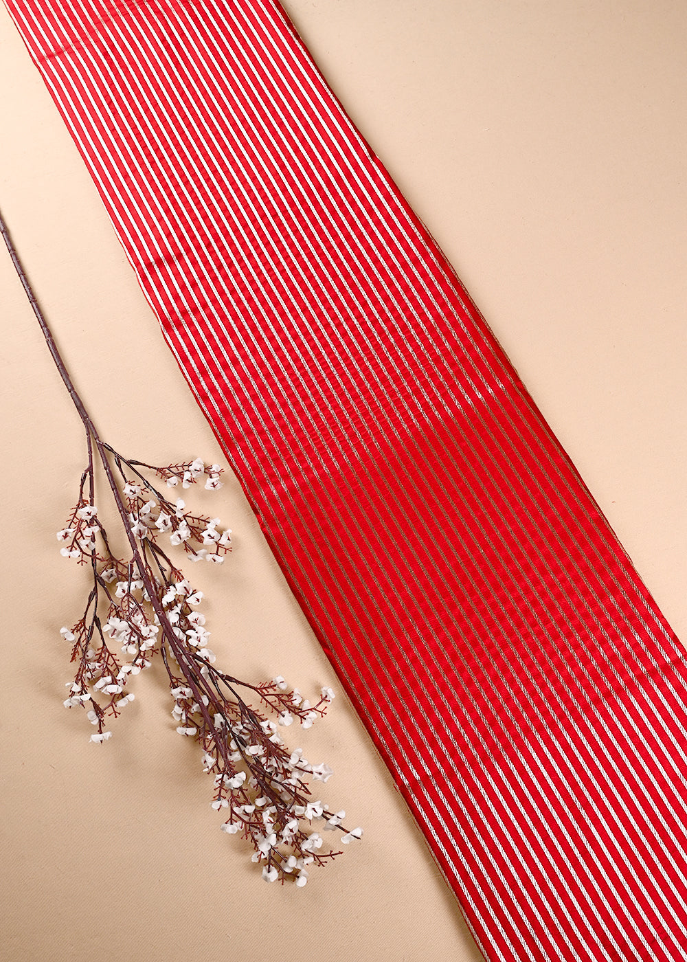 Red Banarasi Brocade Fabric With All Over Thread And Zari Handloom 24441