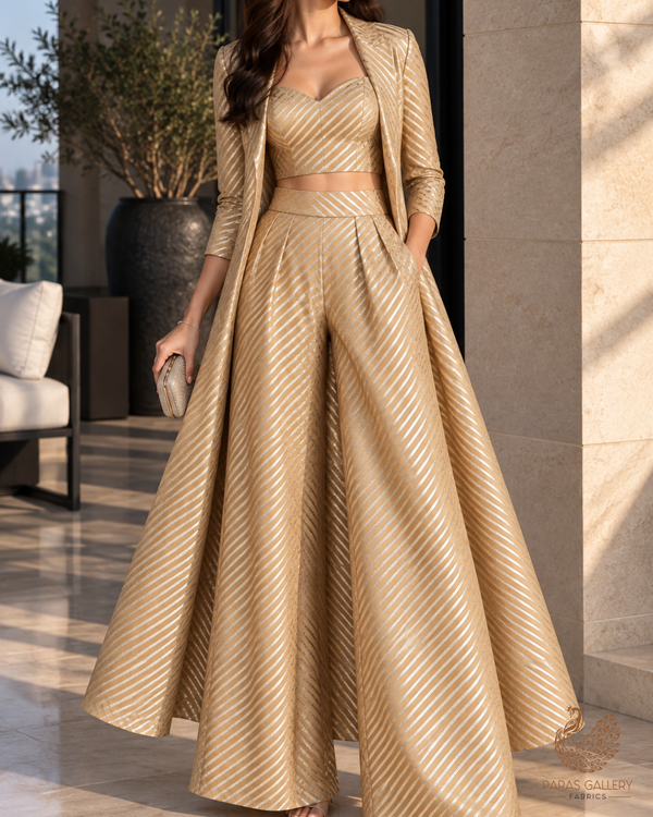 Golden Banarasi Brocade Fabric With All Over Thread And Zari Handloom 24442