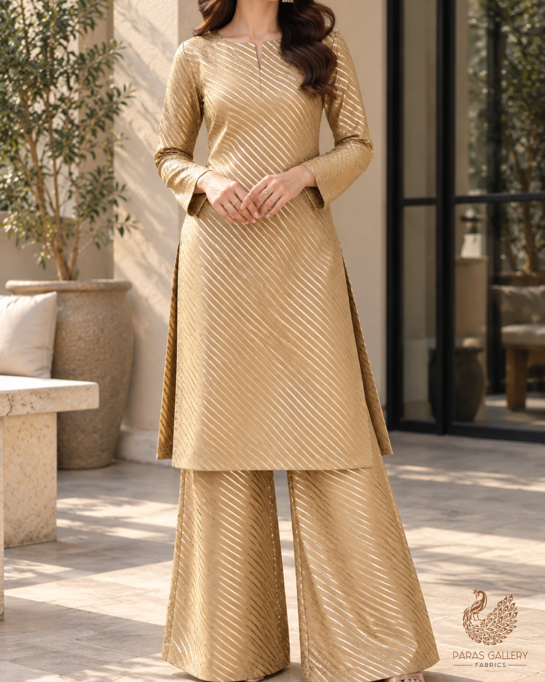 Golden Banarasi Brocade Fabric With All Over Thread And Zari Handloom 24442