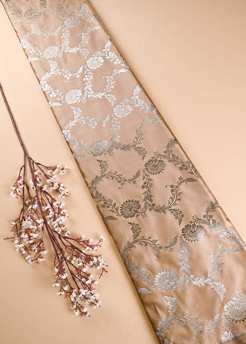 Golden Banarasi Brocade Fabric With All Over Thread And Zari Handloom 24443
