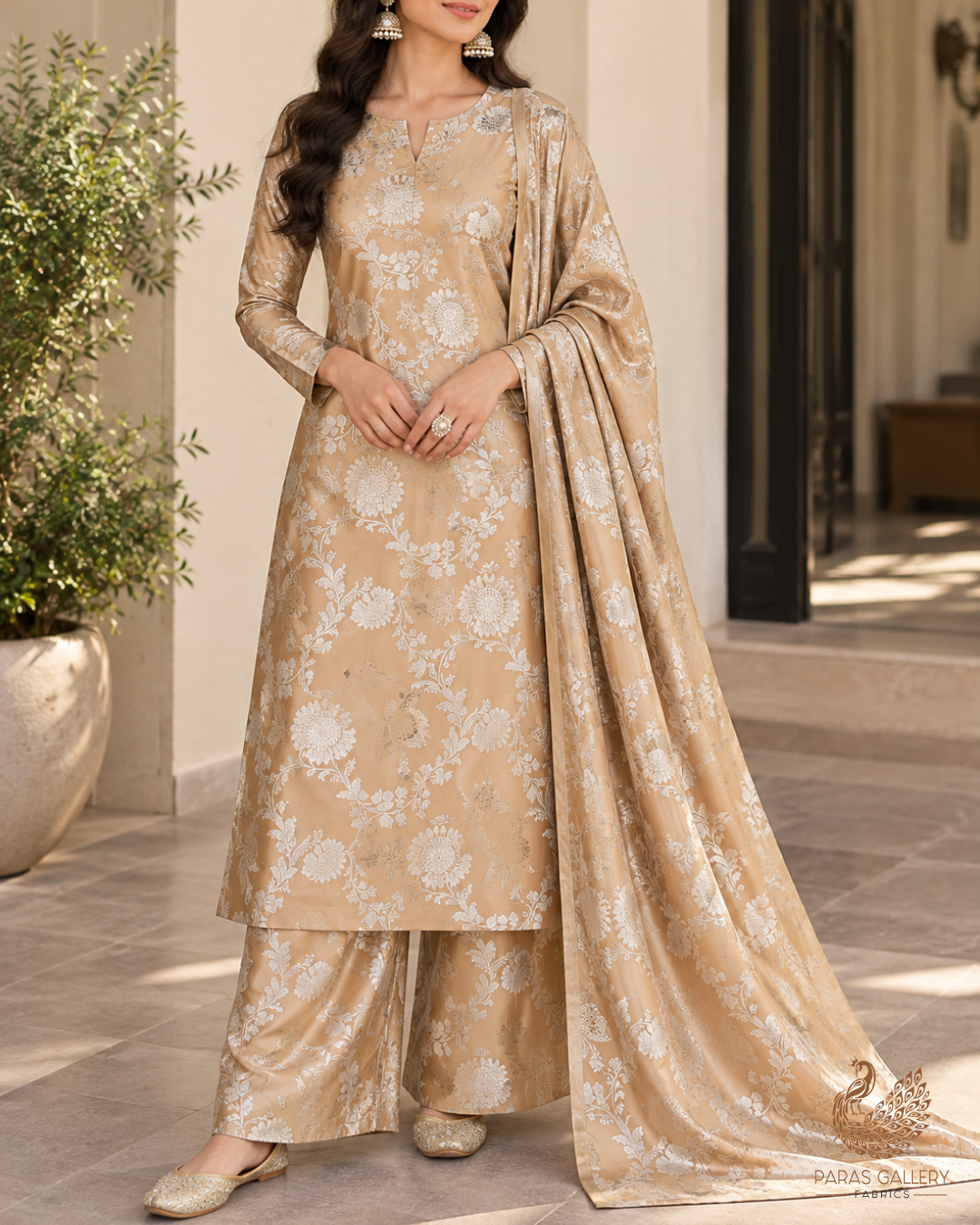 Golden Banarasi Brocade Fabric With All Over Thread And Zari Handloom 24443