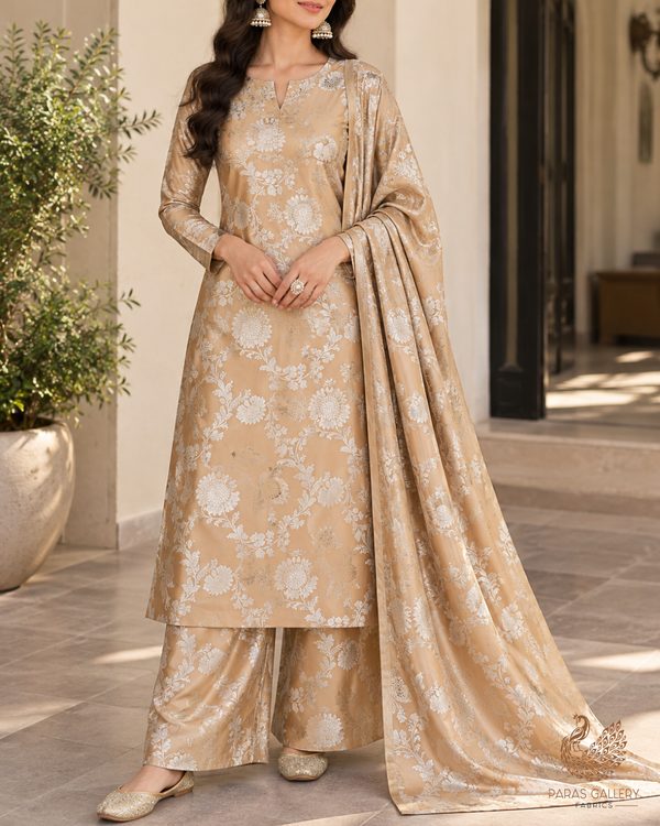 Golden Banarasi Brocade Fabric With All Over Thread And Zari Handloom 24443
