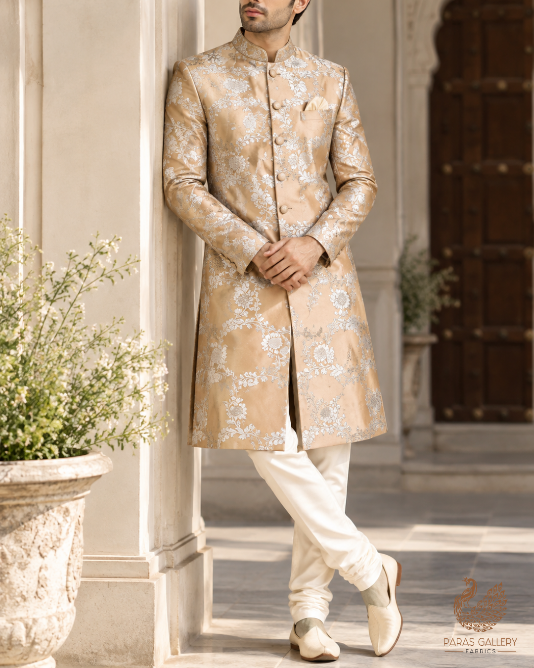 Golden Banarasi Brocade Fabric With All Over Thread And Zari Handloom 24443