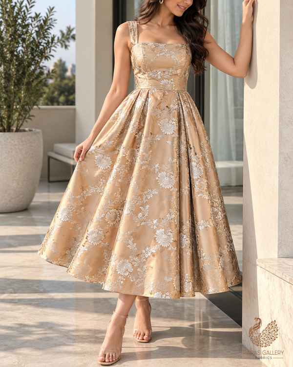 Golden Banarasi Brocade Fabric With All Over Thread And Zari Handloom 24443