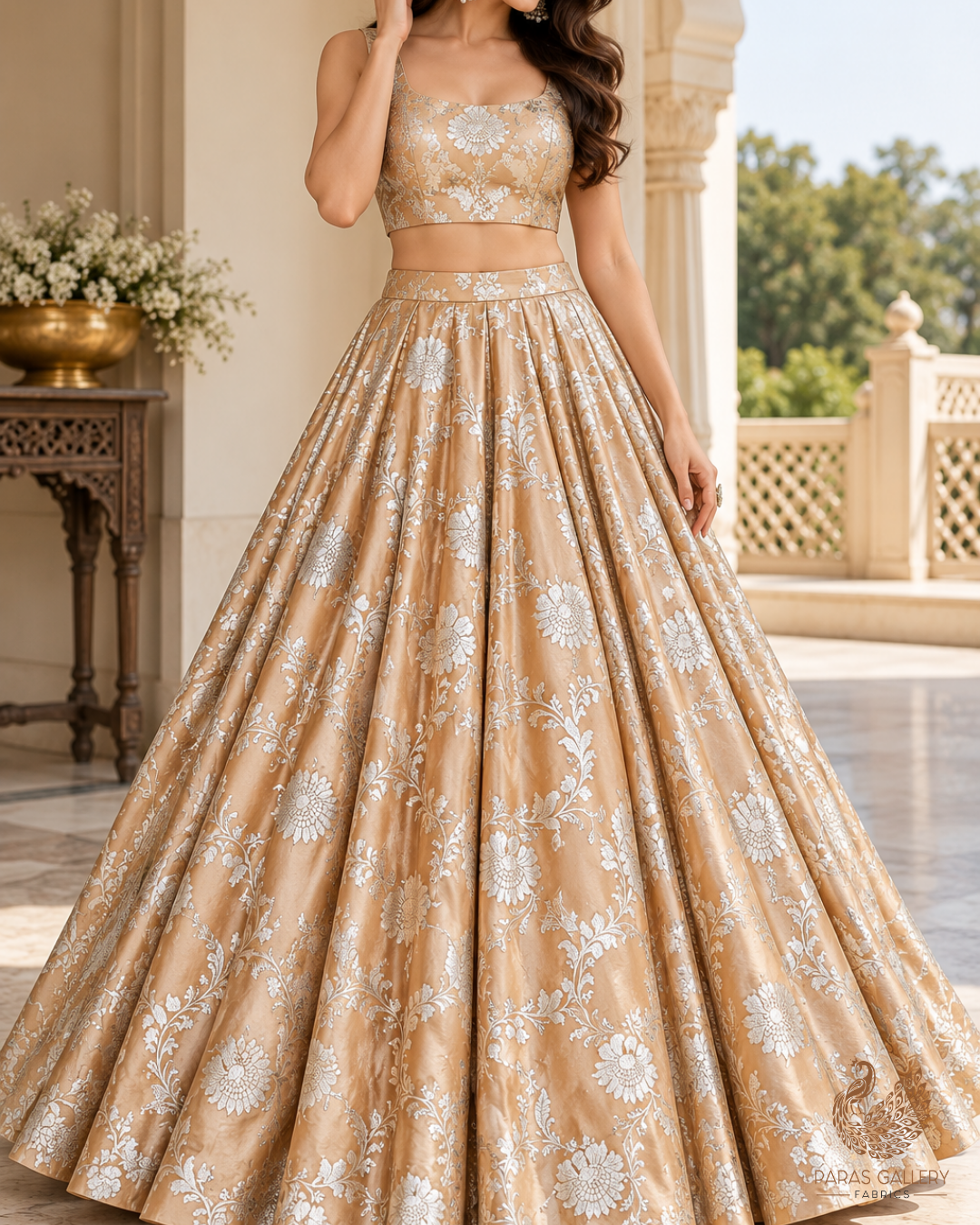 Golden Banarasi Brocade Fabric With All Over Thread And Zari Handloom 24443