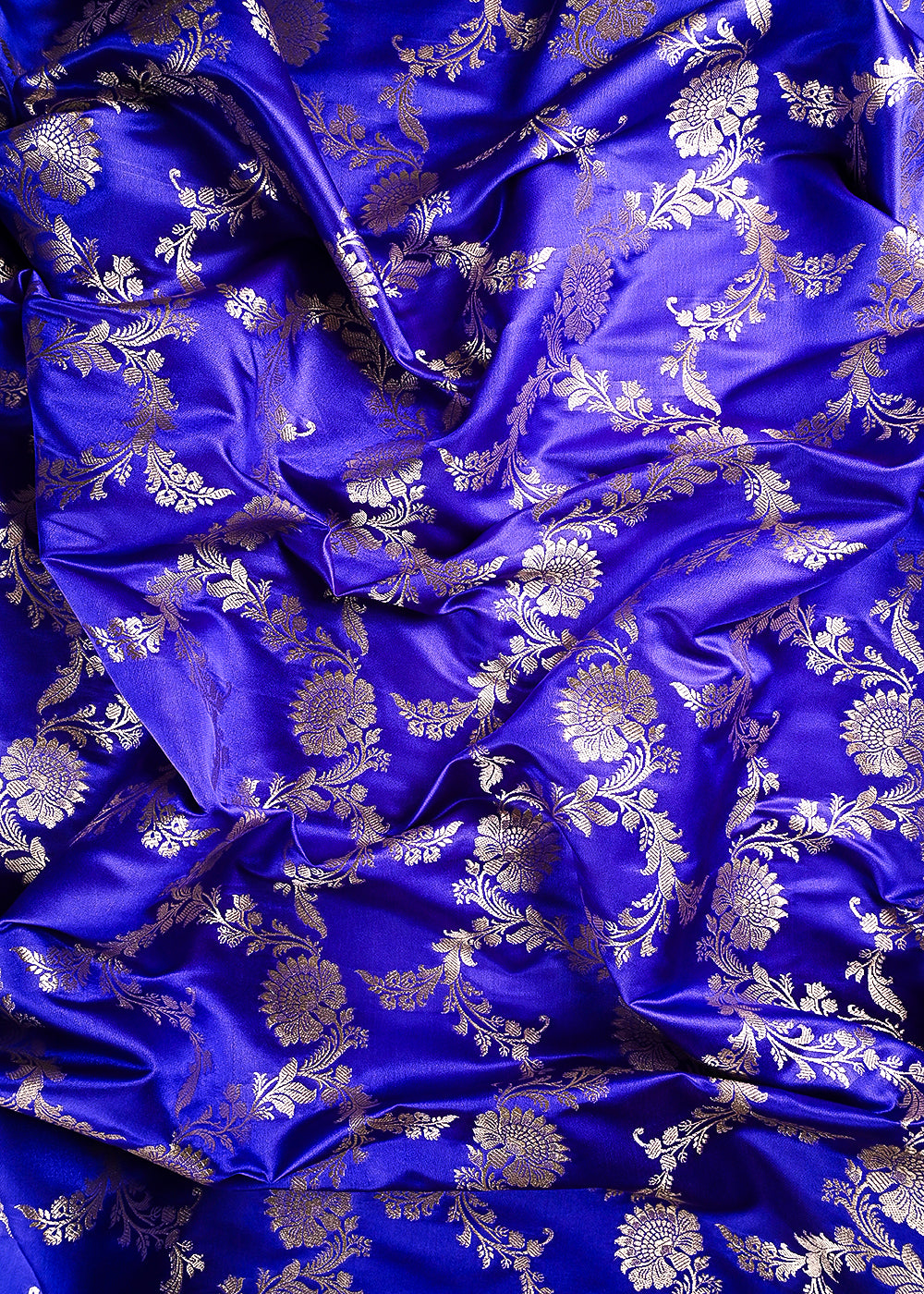 Royal Blue Banarasi Brocade Fabric With All Over Thread And Zari Handloom 24445