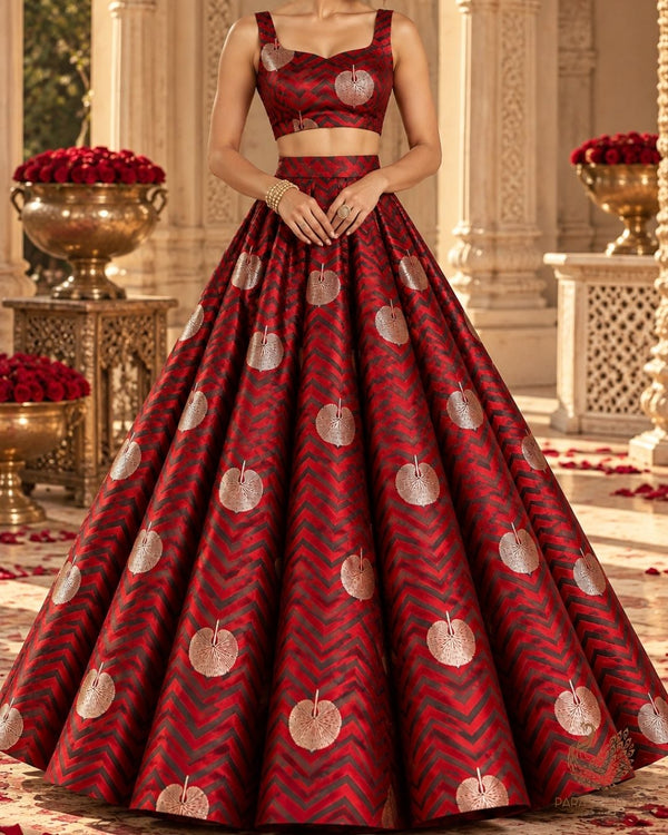 Red Banarasi Brocade Fabric With All Over Zari Handloom 24447