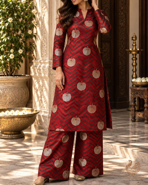 Red Banarasi Brocade Fabric With All Over Zari Handloom 24447