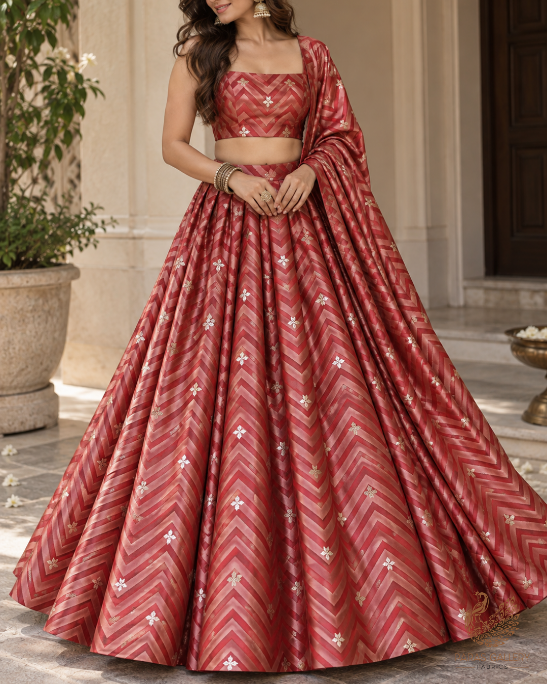 Rust Banarasi Brocade Fabric With All Over Zari Handloom 24454