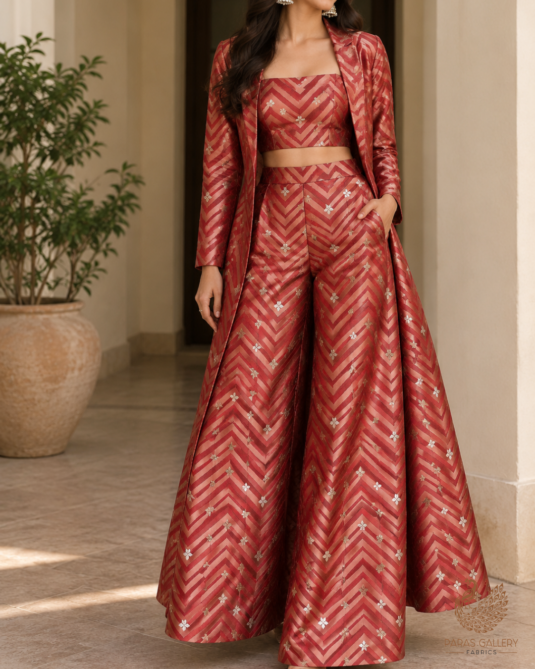 Rust Banarasi Brocade Fabric With All Over Zari Handloom 24454