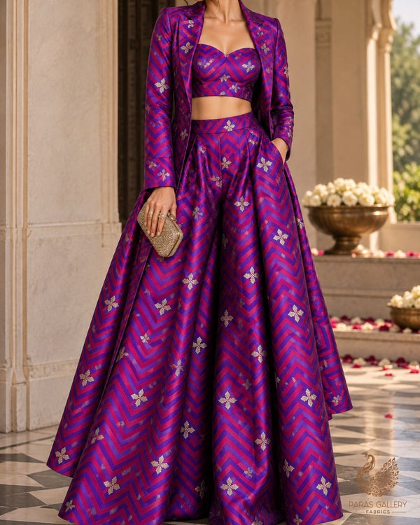 Violet  Banarasi Brocade Fabric With All Over Zari Handloom 24455