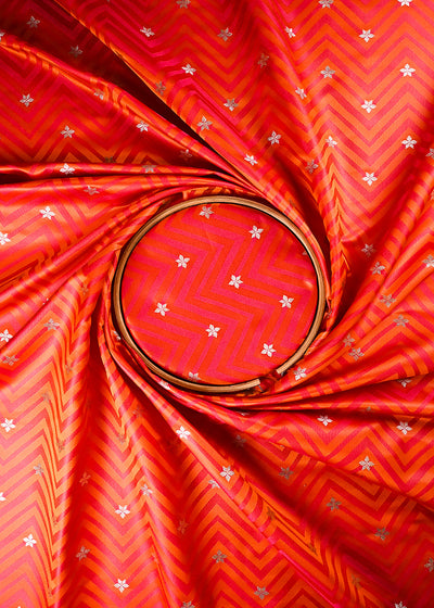 Orange Banarasi Brocade Fabric With All Over Zari Handloom 24457