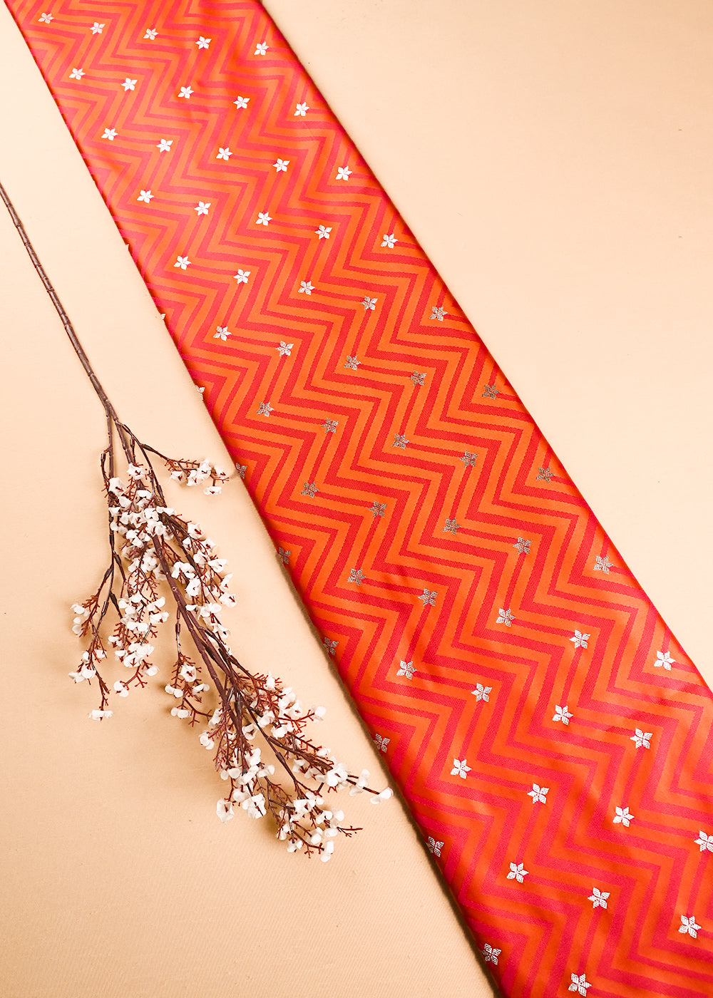 Orange Banarasi Brocade Fabric With All Over Zari Handloom 24457