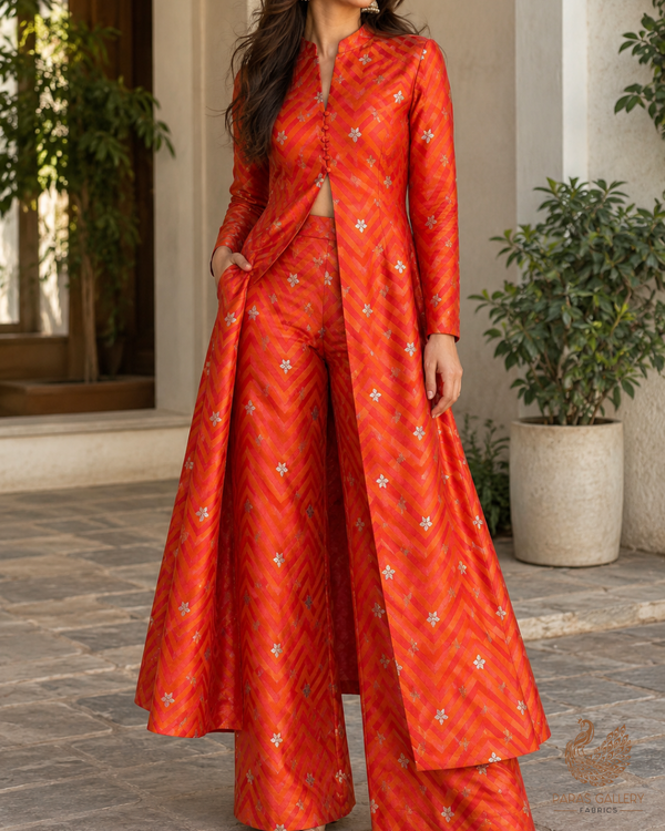 Orange Banarasi Brocade Fabric With All Over Zari Handloom 24457
