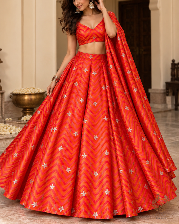 Orange Banarasi Brocade Fabric With All Over Zari Handloom 24457