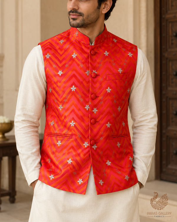 Orange Banarasi Brocade Fabric With All Over Zari Handloom 24457