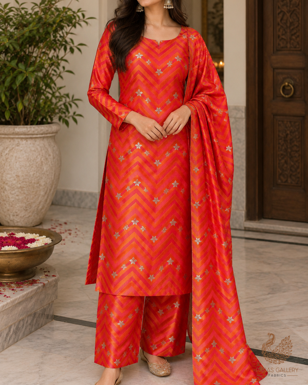 Orange Banarasi Brocade Fabric With All Over Zari Handloom 24457
