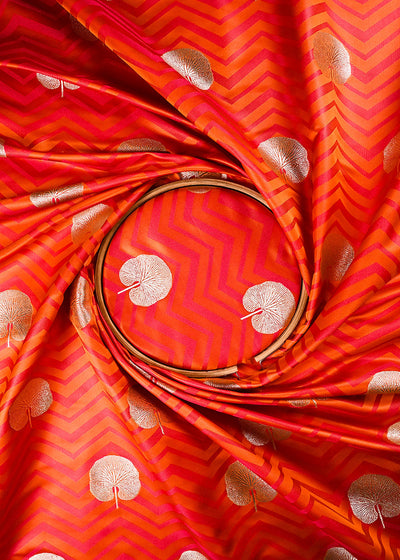 Orange Banarasi Brocade Fabric With All Over Zari Handloom 24458