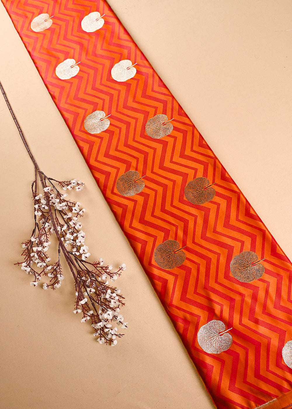 Orange Banarasi Brocade Fabric With All Over Zari Handloom 24458
