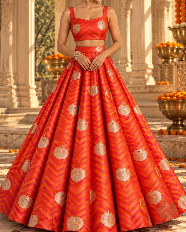 Orange Banarasi Brocade Fabric With All Over Zari Handloom 24458