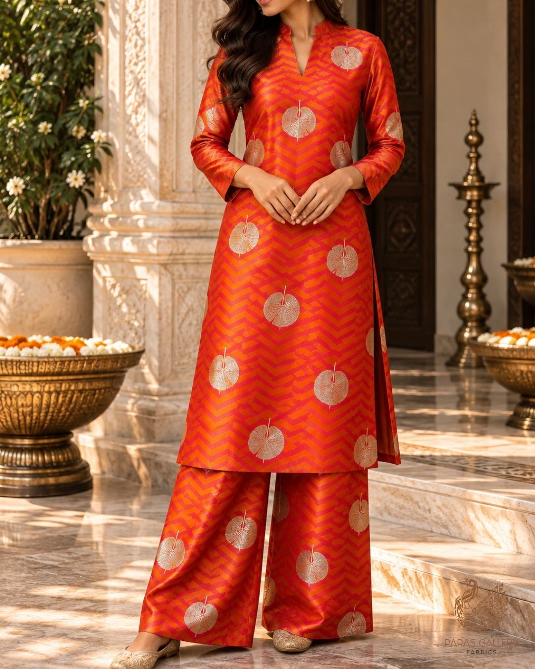 Orange Banarasi Brocade Fabric With All Over Zari Handloom 24458