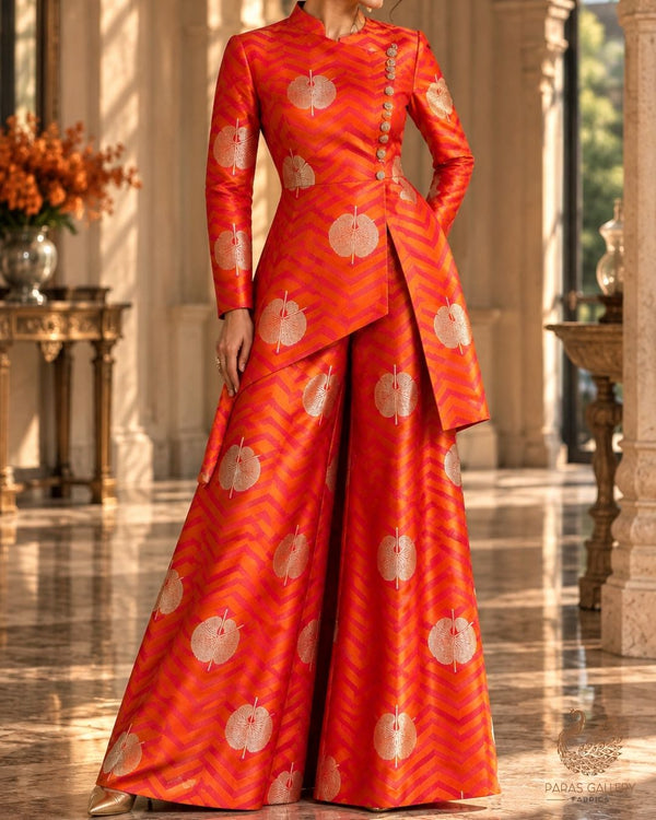 Orange Banarasi Brocade Fabric With All Over Zari Handloom 24458