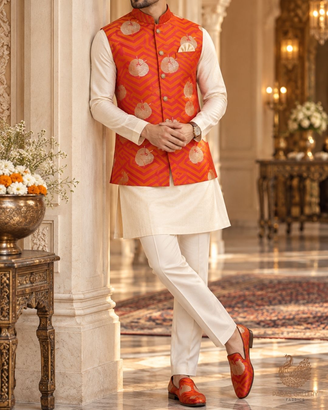 Orange Banarasi Brocade Fabric With All Over Zari Handloom 24458