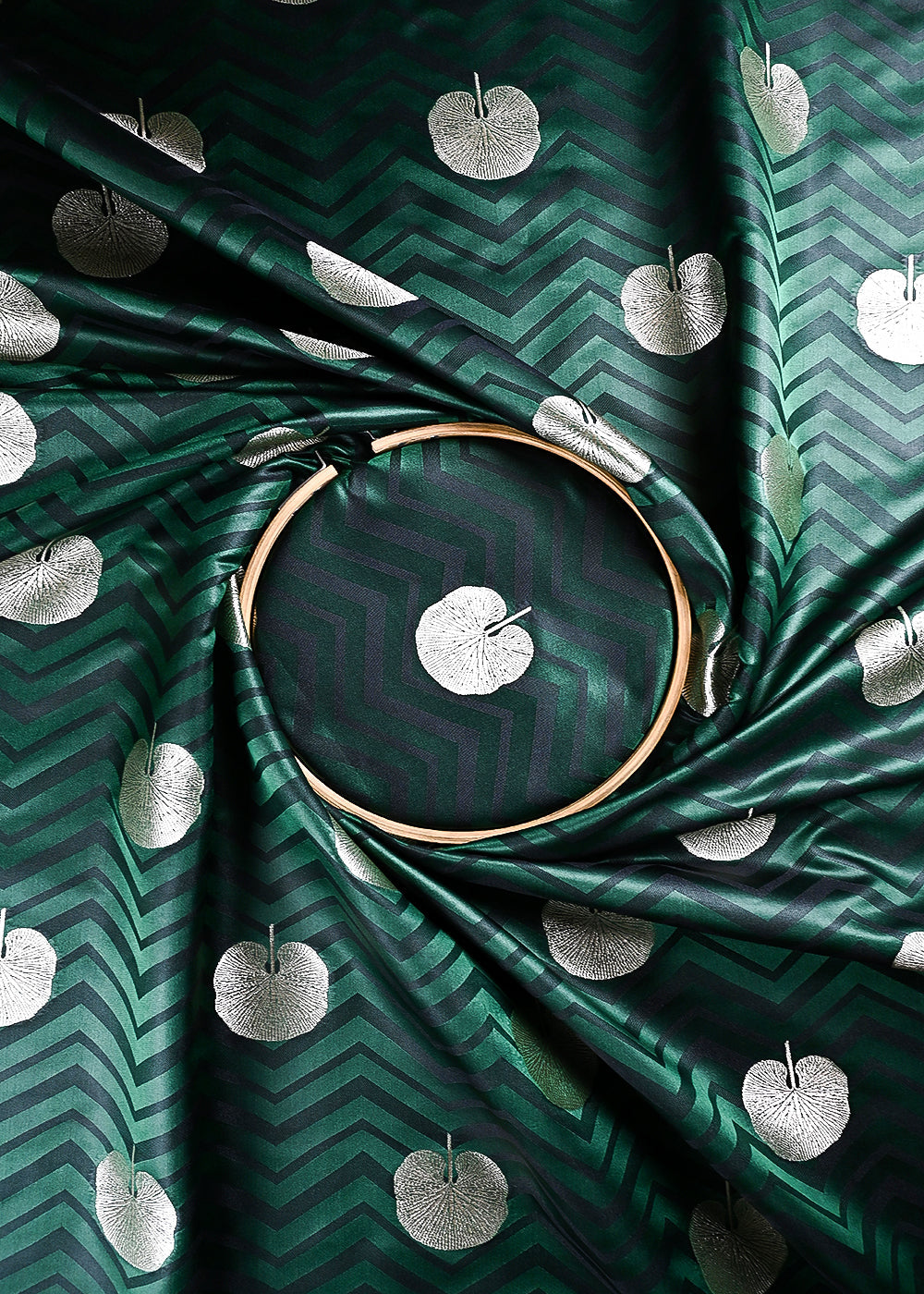 Bottle Green Banarasi Brocade Fabric With All Over Zari Handloom 24459