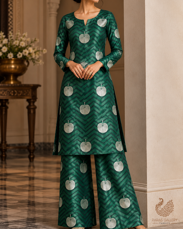 Bottle Green Banarasi Brocade Fabric With All Over Zari Handloom 24459