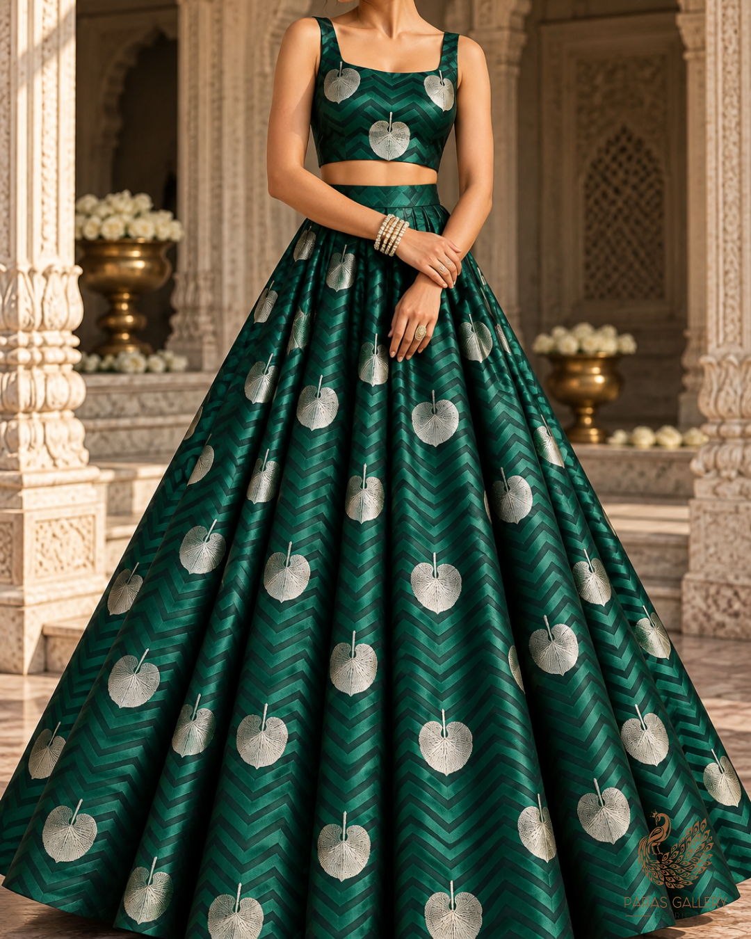 Bottle Green Banarasi Brocade Fabric With All Over Zari Handloom 24459
