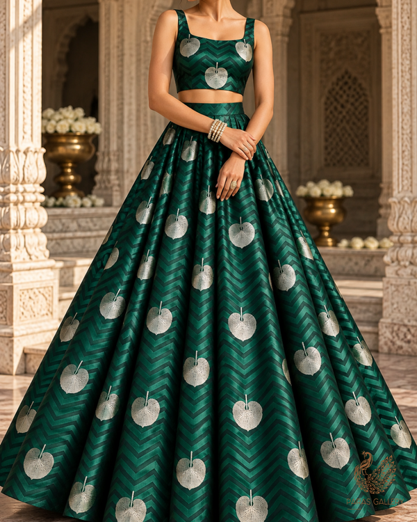Bottle Green Banarasi Brocade Fabric With All Over Zari Handloom 24459