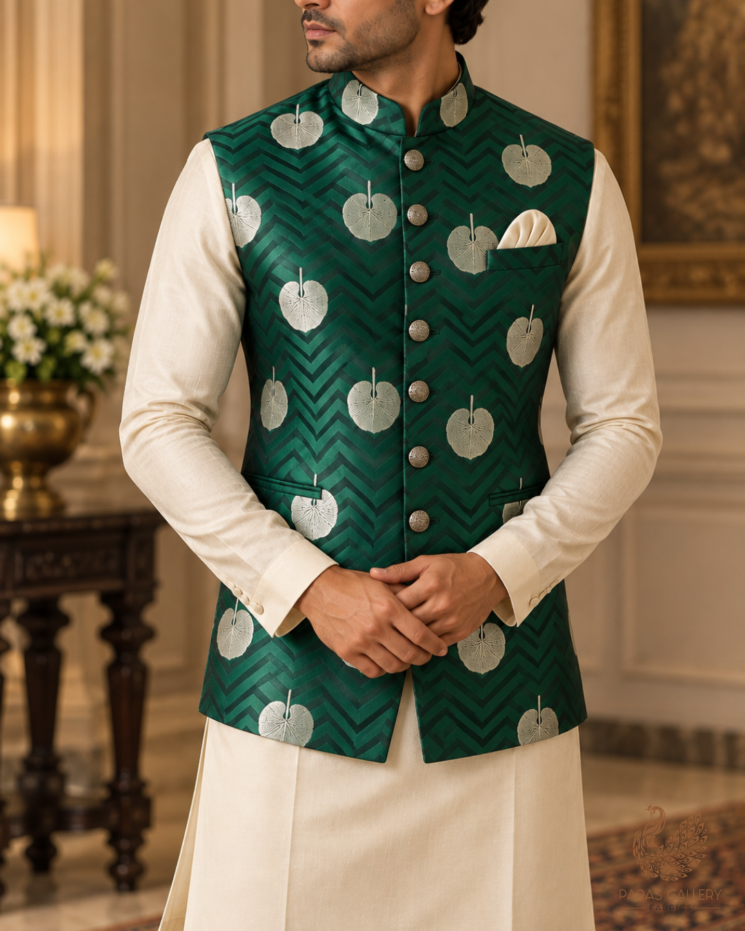 Bottle Green Banarasi Brocade Fabric With All Over Zari Handloom 24459