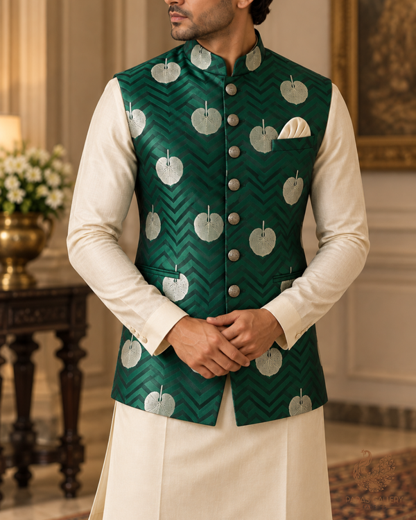 Bottle Green Banarasi Brocade Fabric With All Over Zari Handloom 24459