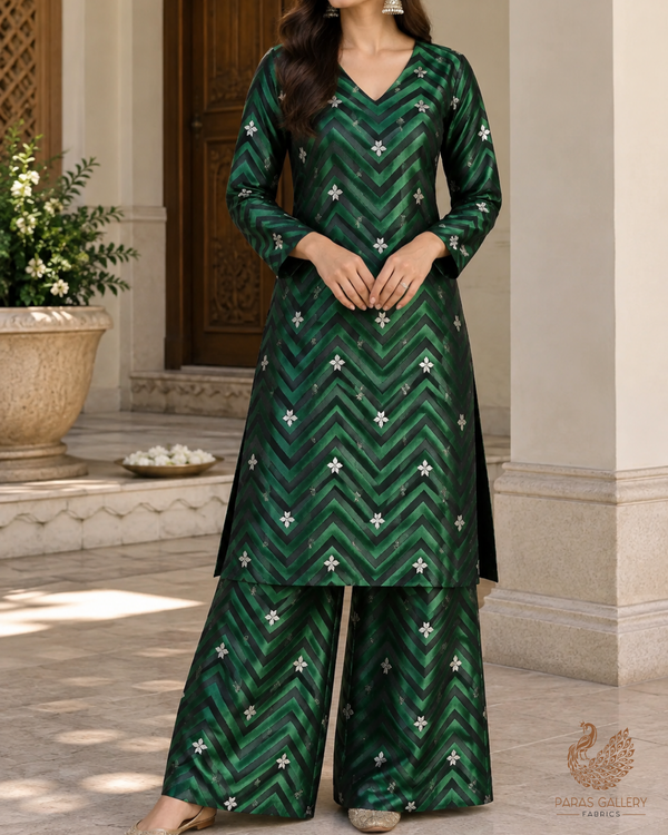 Bottle Green Banarasi Brocade Fabric With All Over Zari Handloom 24460