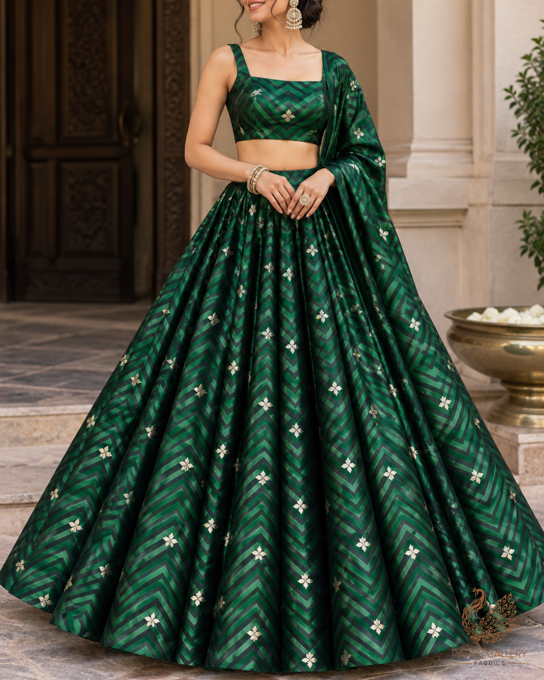 Bottle Green Banarasi Brocade Fabric With All Over Zari Handloom 24460