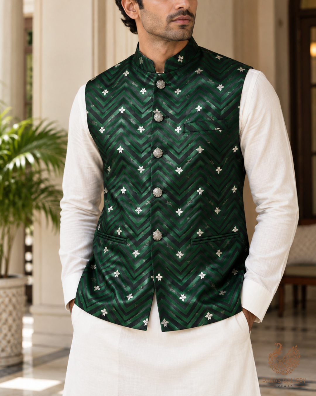 Bottle Green Banarasi Brocade Fabric With All Over Zari Handloom 24460