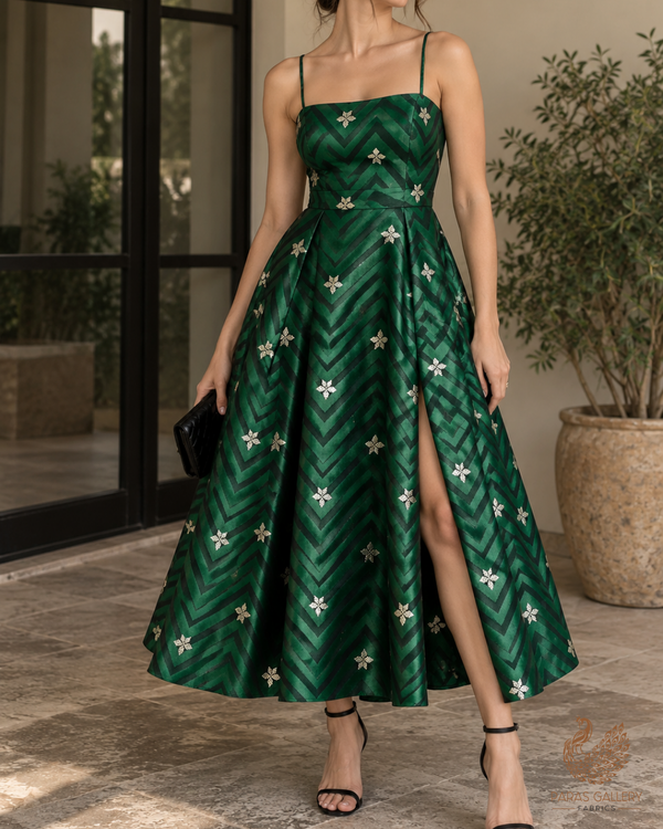 Bottle Green Banarasi Brocade Fabric With All Over Zari Handloom 24460