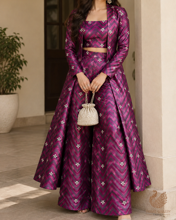 Purple Banarasi Brocade Fabric With All Over Zari Handloom 24461