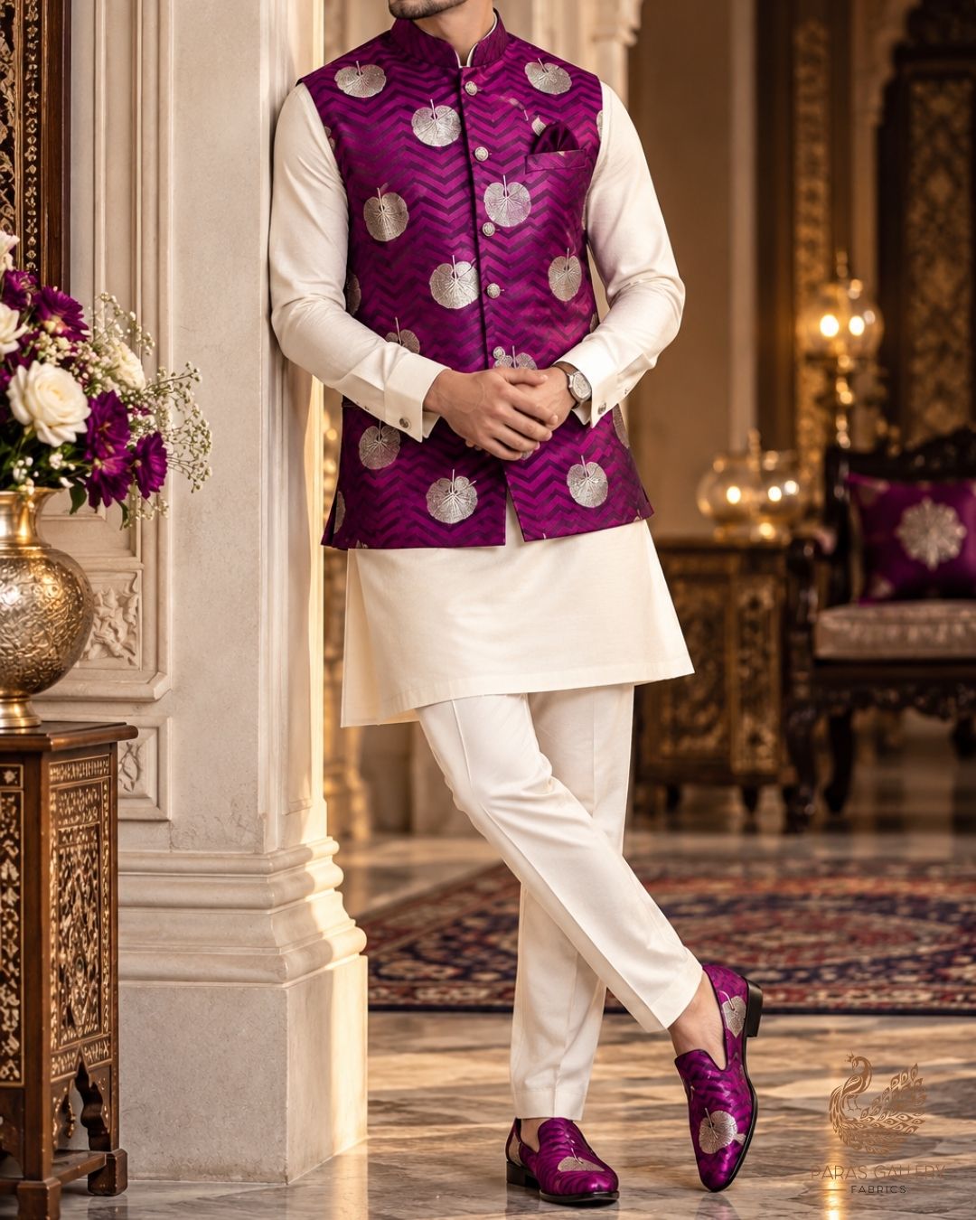 Purple Banarasi Brocade Fabric With All Over Zari Handloom 24462