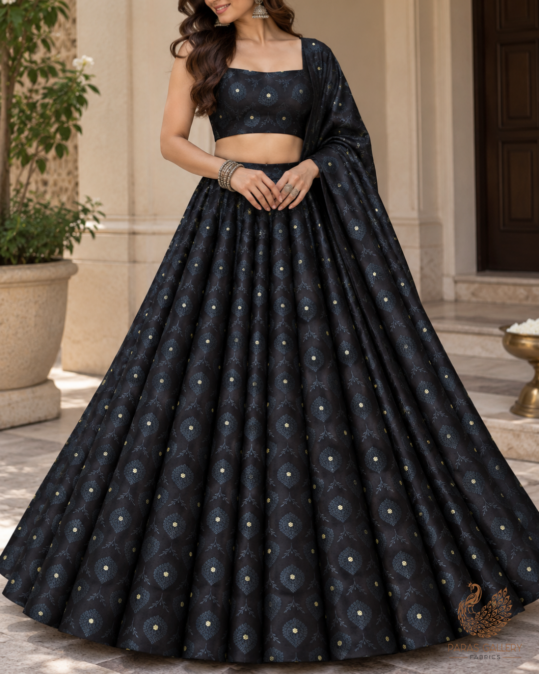 Black Banarasi Brocade Fabric With All Over Zari Handloom 24472