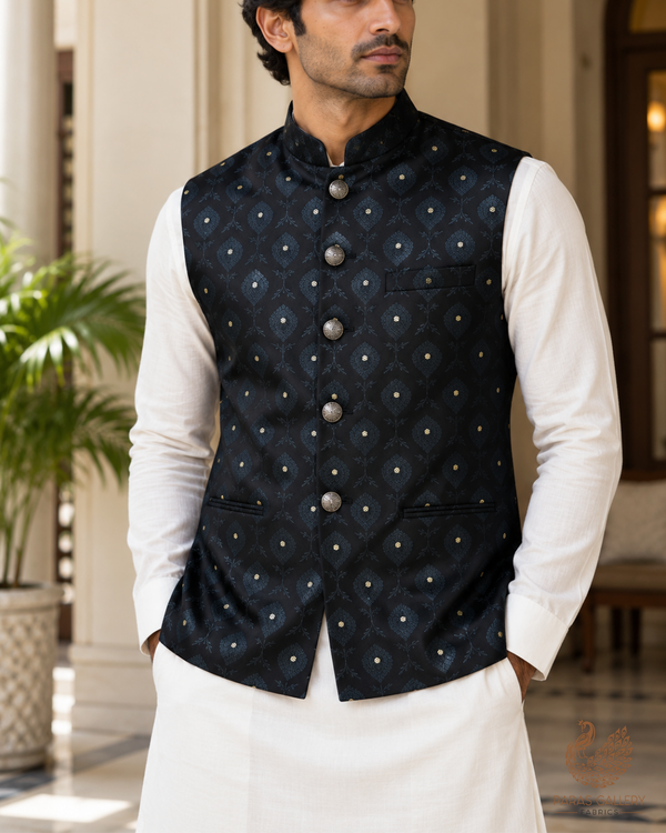 Black Banarasi Brocade Fabric With All Over Zari Handloom 24472