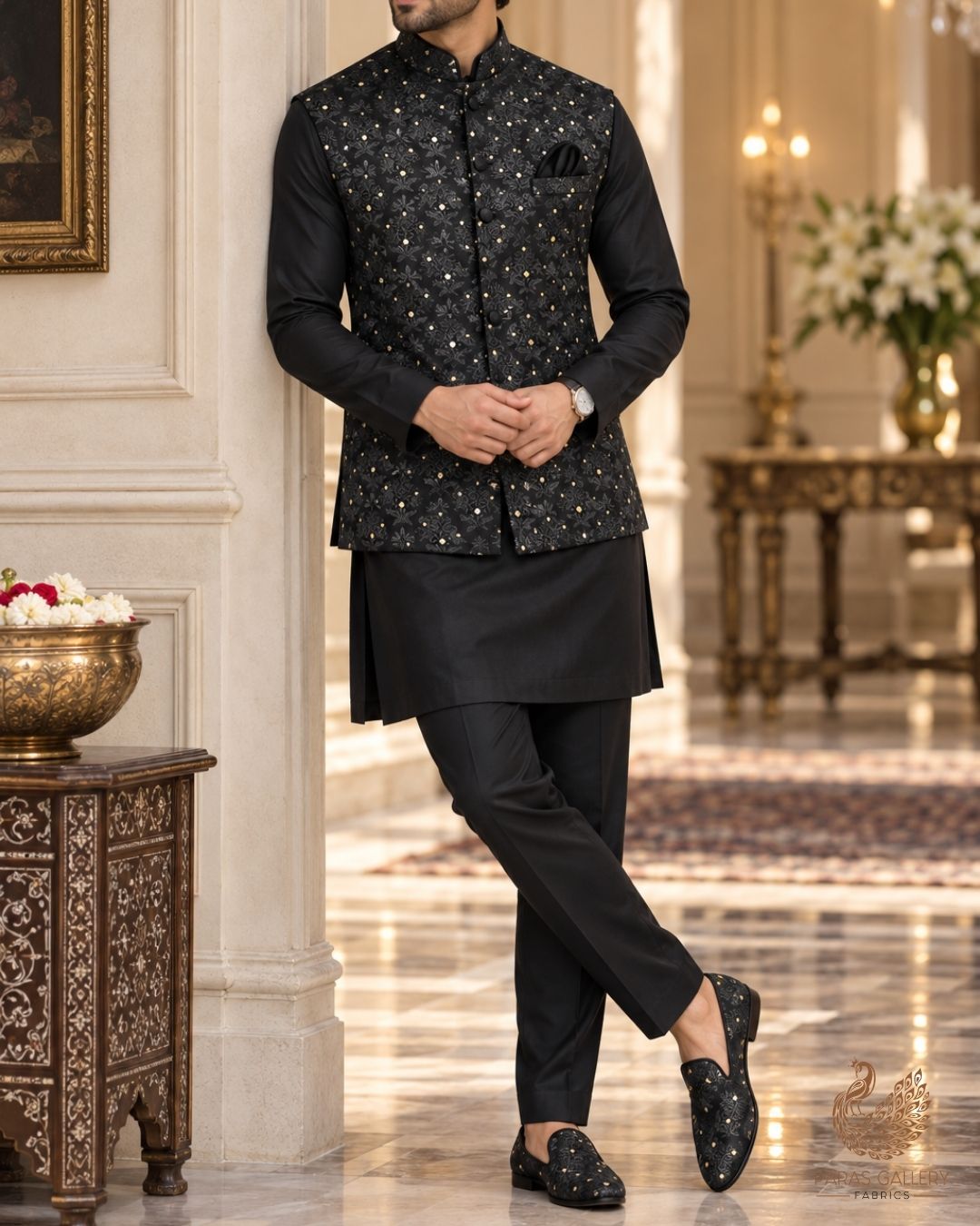 Black Banarasi Brocade Fabric With All Over Zari Handloom 24475