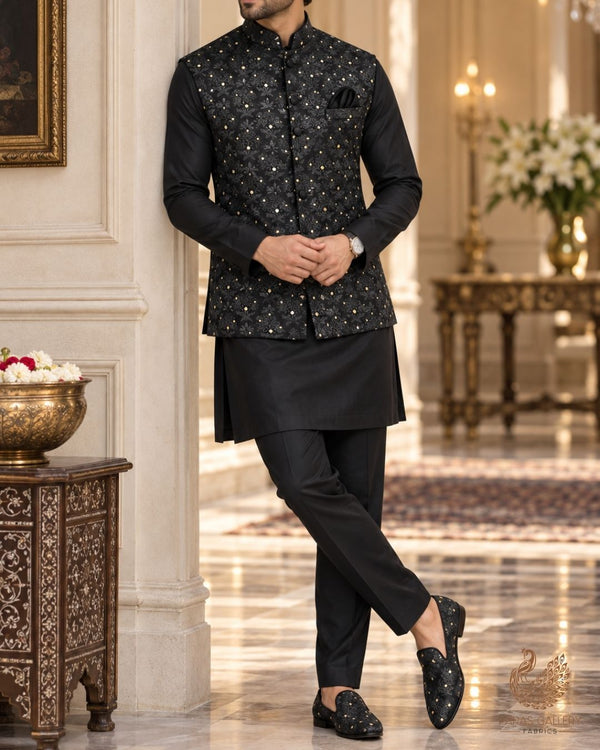 Black Banarasi Brocade Fabric With All Over Zari Handloom 24474